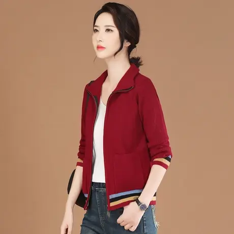 韩潮袭人红色撞色立领开衫毛衣外套女2023秋装新款条纹长袖针织衫图片