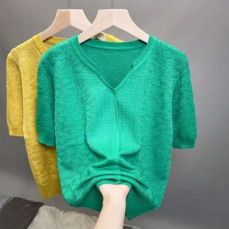 v领镂空针织衫女2023春夏秋新款宽松外穿气质上衣薄款短袖t恤衫潮商品大图