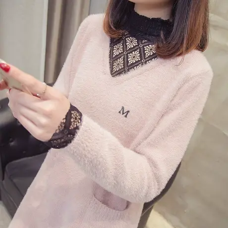 很仙的毛衣加厚秋冬新款上衣洋气蕾丝假两件套头中长款针织打底衫图片