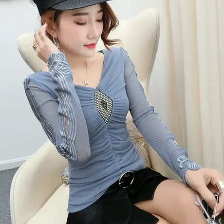 春秋气质女装时尚烫钻T恤女长袖洋气网纱上衣紧身百搭打底小衫潮商品大图