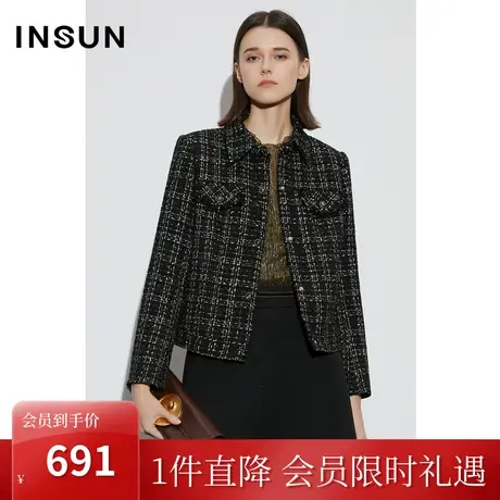 [触感香风]恩裳COVER2023年早春新款黑金花纱粗纺编织复古外套女商品大图