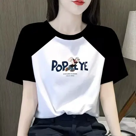 欧货短袖t恤女2023夏季新款圆领印花洋气撞色宽松纯棉体恤上衣潮商品大图