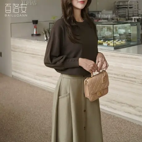 百洛安圆领长袖针织衫女秋新款百搭外穿打底上衣宽松休闲套头毛衣图片