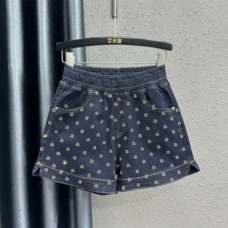 欧货夏季新款时尚烫钻宽松显瘦牛仔短裤女松紧高腰开叉A字阔腿裤商品大图