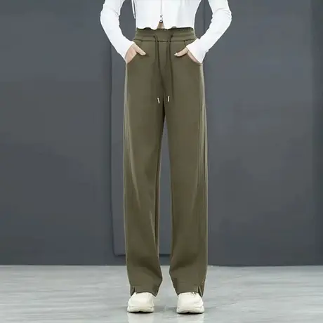 高腰窄版阔腿裤女春秋宽松显瘦拖地裤子垂感抽绳松紧腰黑色直筒裤商品大图