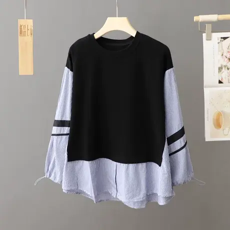 设计感小众蓝色条纹拼接衬衫女长袖春秋2023新款上衣圆领套头衬衣图片