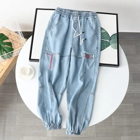天丝牛仔工装裤女宽松九分裤夏薄款浅色休闲裤束脚高腰哈伦老爹裤商品大图