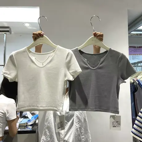 短袖t恤女2021夏季新款韩版ins潮设计感小众修身显瘦露脐短款上衣商品大图