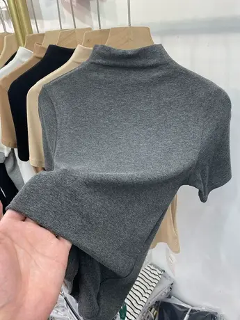 欧货气质半高领螺纹短袖T恤女2023春秋装新款显瘦内搭打底衫上衣商品大图