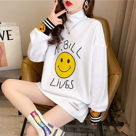 ins长袖t恤女春秋季韩版宽松欧货大版中长款半高领打底衫上衣服潮商品大图