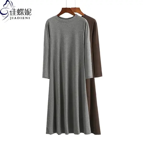 春秋新款韩版圆领长袖女装纯棉修身加长款显瘦纯色休闲打底连衣裙商品大图