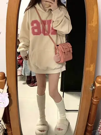 加绒加厚连帽卫衣女秋冬宽松慵懒风大码美式复古港风chic上衣外套图片