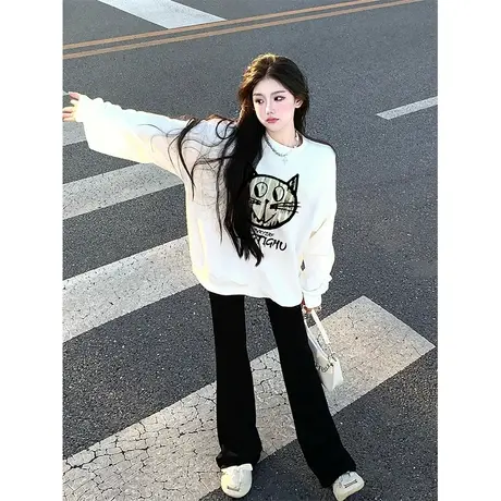 设计感圆领卫衣女2023新款春秋季薄款ins潮牌宽松大码早春上衣服商品大图