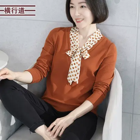 飘带领宽松长袖T恤女装韩版胖MM妈妈大码拼接纯色23新款冬装上衣图片