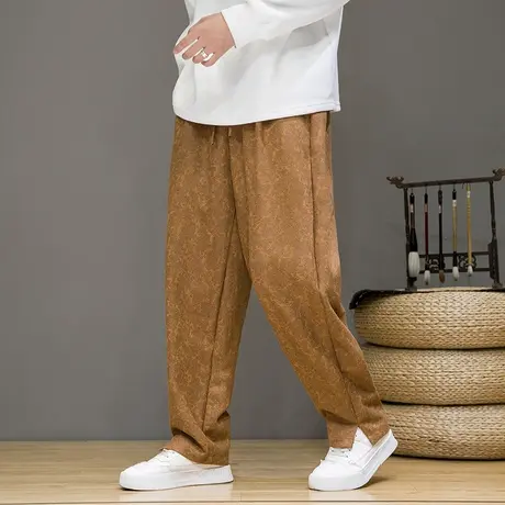2023秋冬新款男休闲裤中国风麂皮绒印花裤子加肥加大码宽松长裤潮图片