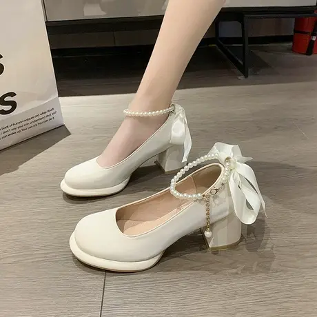 温柔仙女粗跟高跟鞋女夏季2023年新款珍珠绑带蝴蝶结浅口玛丽珍鞋商品大图