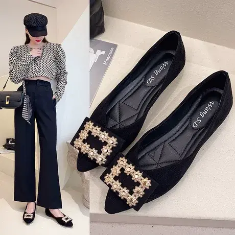 优雅方扣水钻平底鞋女2023年春季时尚新款方跟女鞋浅口绒面单鞋商品大图