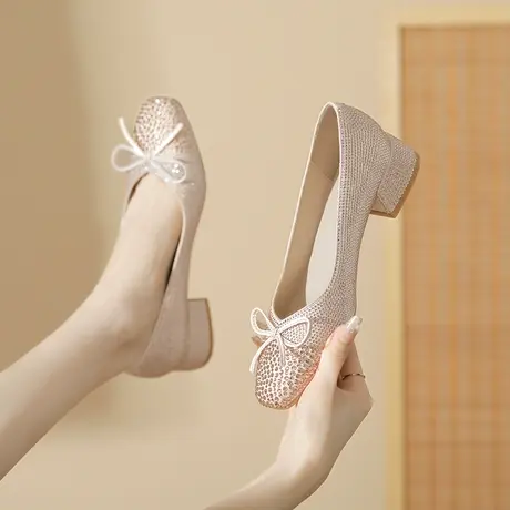 法式粗跟高跟鞋女2023年新款秋冬季水钻蝴蝶结少女配裙子方头单鞋图片