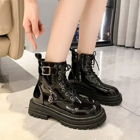 厚底显脚小黑色马丁靴女2023新款春秋季小个子短筒英伦风甜酷欧货图片