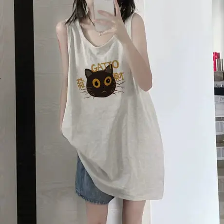 美式复古纯棉吊带运动坎肩背心无袖t恤女夏外穿宽松港风挂脖上衣商品大图