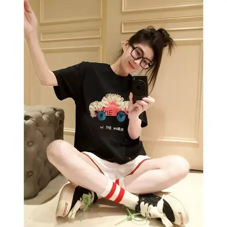 大码胖mm黑色正肩短袖t恤女夏季新款小香风显瘦遮肚子上衣2-300斤商品大图