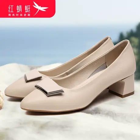红蜻蜓2023新品休闲中跟仙女风淑女尖头真皮女士高跟鞋春秋女粗跟商品大图