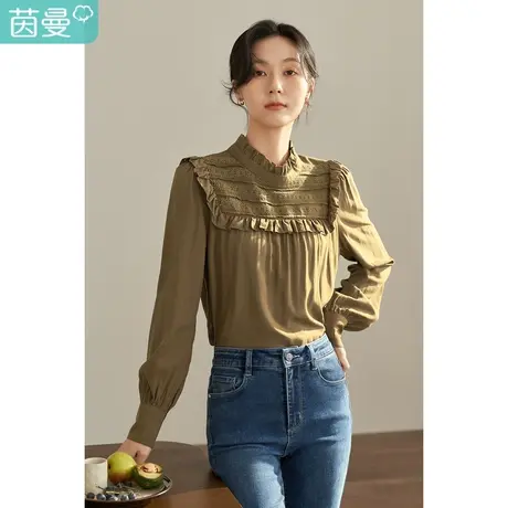 茵曼2023春女装新款荷叶边立领长袖套头衬衫法式衬衣女图片