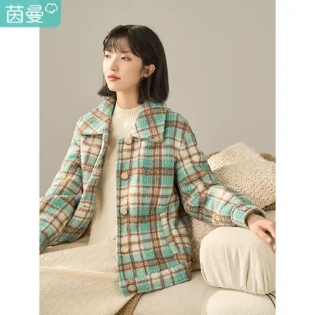 【商场同款】茵曼冬女装新款格纹大翻领落肩袖短款羊羔绒外套图片