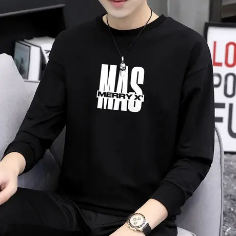 圆领卫衣男潮ins宽松潮流冬季加绒加厚黑色无帽外套男生百搭休闲商品大图