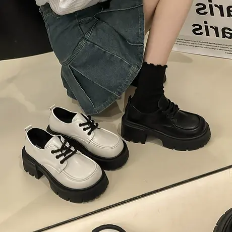 小个子厚底乐福鞋女2024年新款复古英伦风圆头单鞋粗跟防滑小皮鞋商品大图
