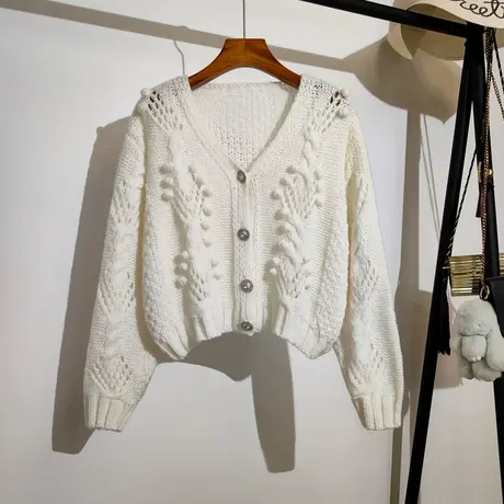 薄款针织开衫女早秋新款多巴胺穿搭奶系宽松长袖短款镂空毛衣外套商品大图