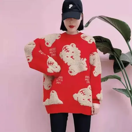 新年红色毛衣女国潮过年卡通老虎本命年加厚慵懒风提花针织衫冬季商品大图