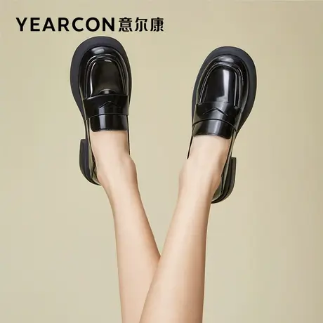 意尔康女鞋2023春季新款真皮乐福鞋女复古亮面休闲厚底单鞋小皮鞋商品大图