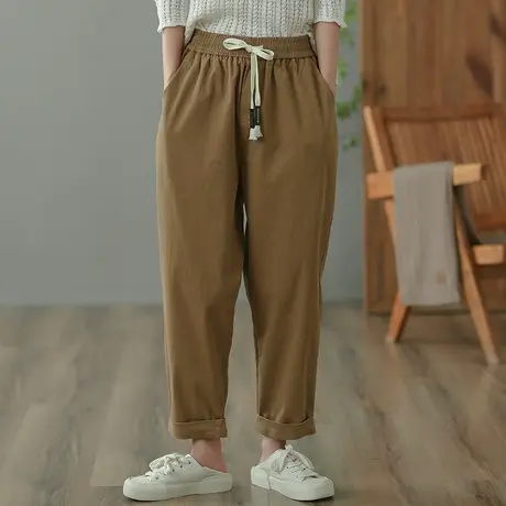 dza 高腰显瘦纯棉长裤春秋新款宽松阔腿裤子女士直筒裤休闲哈伦裤图片