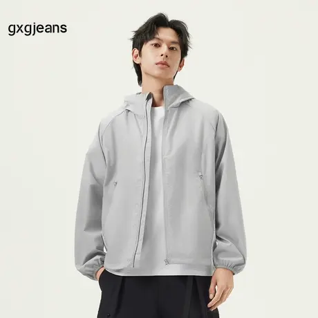 gxg.jeans男装 浅灰色撞色拼接户外宽松连帽夹克外套男 25夏新款图片