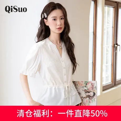 显瘦大码胖MM上衣女2025年新款夏装法式气质V领抽绳收腰短袖小衫商品大图