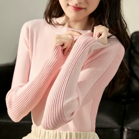 唐狮打底衫女黑色针织衫女新款秋冬季撞色氛围感上衣圆领内搭商品大图