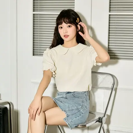 唐狮春夏新款短袖衬衫女娃娃领泡泡袖肌理感衬衣甜美小个子图片