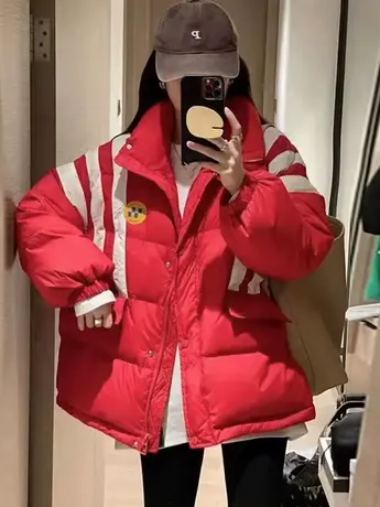 欧货潮牌红色立领羽绒棉服女短款2023冬新款韩版加厚条纹棉衣外套商品大图