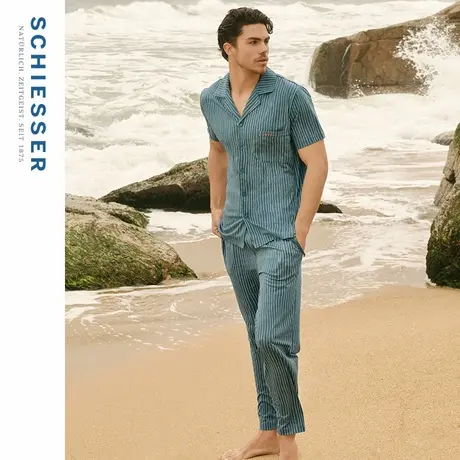 SCHIESSER舒雅25夏季新品男士纯棉竖条纹开衫睡衣家居服套装长裤图片