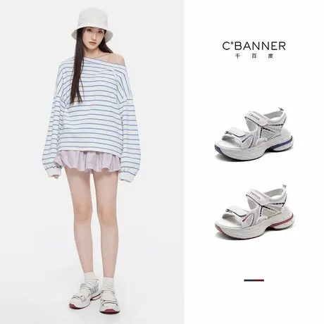 千百度休闲凉鞋女2025夏季新款百搭厚底增高魔术贴运动舒适凉鞋图片