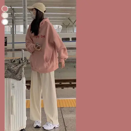 学院风卫衣女大码胖mm显瘦连帽外套潮牌ins秋季加绒美式帽衫上衣商品大图