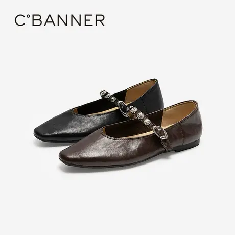 千百度低跟手抓皮羊皮玛丽珍鞋女百搭气质新款浅口舒适轻便平底鞋图片