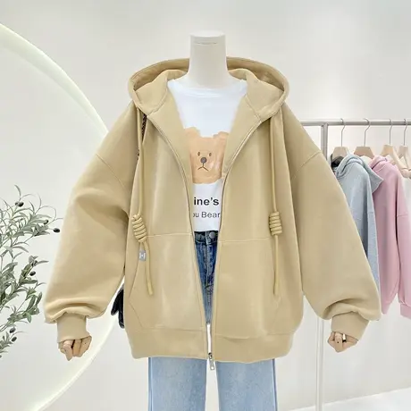 拉链连帽外套女春秋新款简约宽松大码慵懒风抽绳小众百搭开衫卫衣商品大图