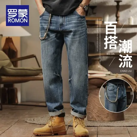 罗蒙男士牛仔裤春秋季2025新款纯棉宽松直筒潮牌复古弹力长裤子男商品大图