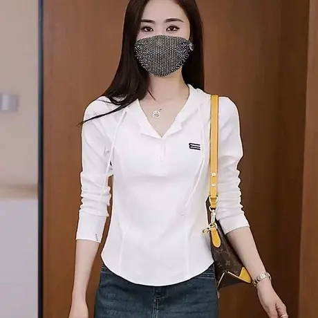 拉夏贝尔小个子白色长袖连帽卫衣T恤女秋季2025新款时尚短款上衣商品大图