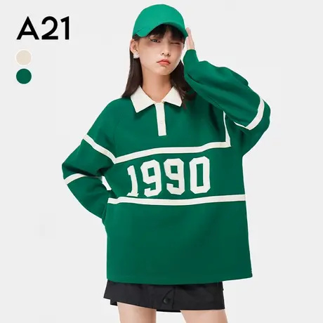 A21女装polo领卫衣女春秋新款美式复古1990设计感小众撞色上衣商品大图
