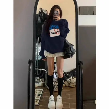 藏青色圆领卫衣女2025年新款美式复古慵懒风oversize套头上衣早秋商品大图