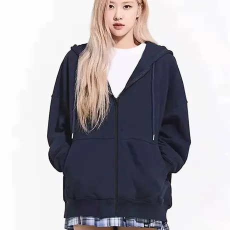 拉链外套女2025新款早秋季小个子韩系宽松慵懒风连帽卫衣开衫上衣商品大图