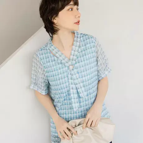 桔熊夏季通勤小清新格子雪纺衫泡泡袖上衣女胖mm大码AB15769图片
